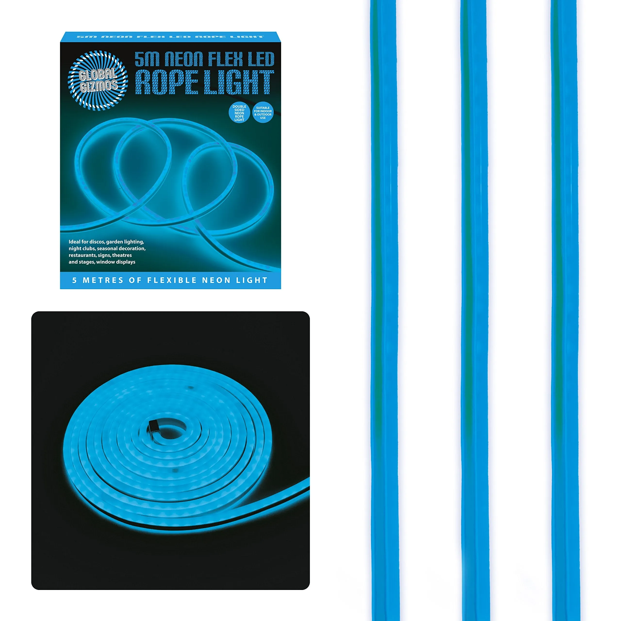 Global Gizmos 47500 5 Metre LED Strip Lights / Flexible Rope Lights / Neon Style Glow / Great for Bedrooms & TV Backlight / Indoors or Outdoors / Blue Colour