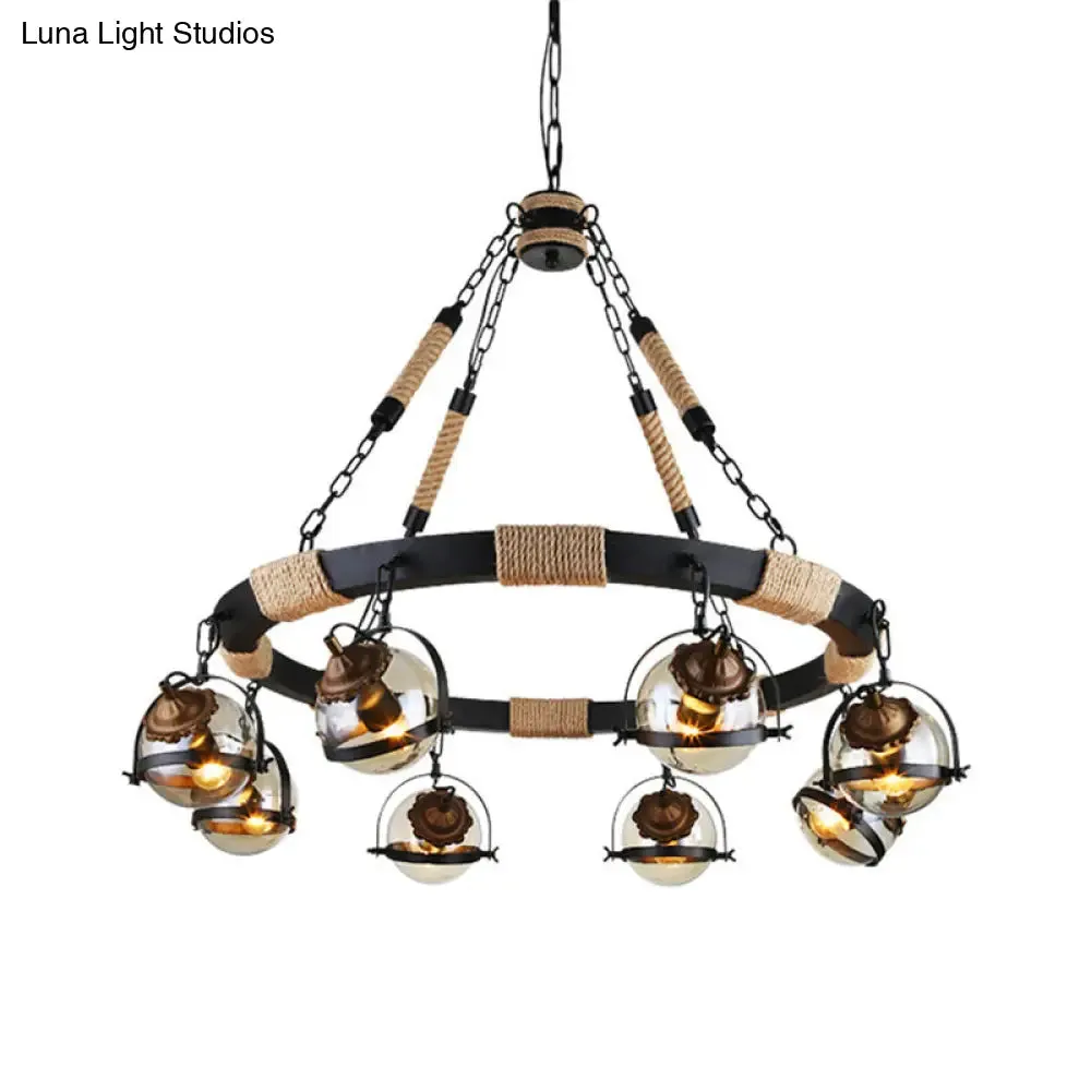 Globe Chandelier Lamp: Farmhouse Style 6/8-Light Rope Hanging Light with Amber Glass Shade - Ideal for Restaurants in Black