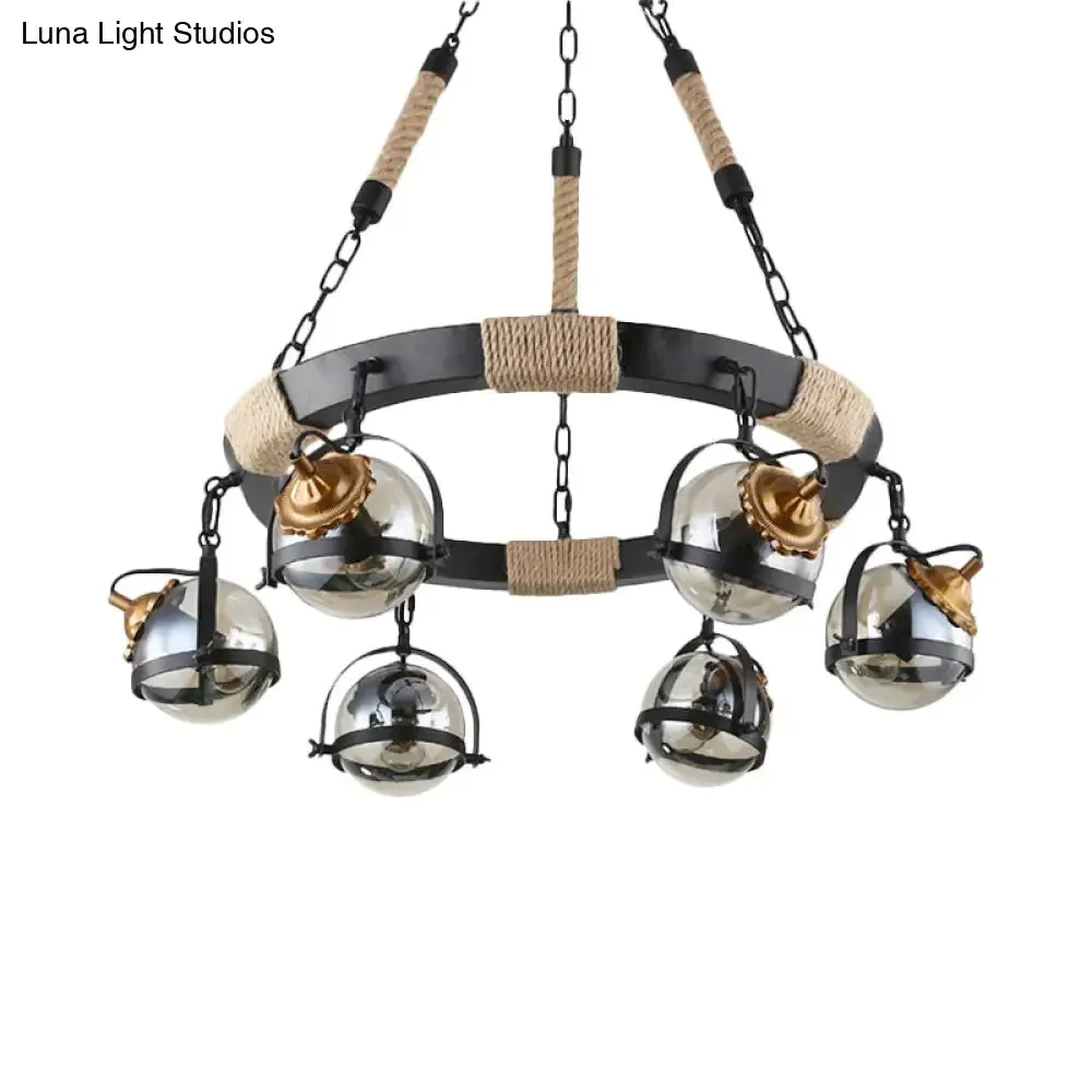 Globe Chandelier Lamp: Farmhouse Style 6/8-Light Rope Hanging Light with Amber Glass Shade - Ideal for Restaurants in Black