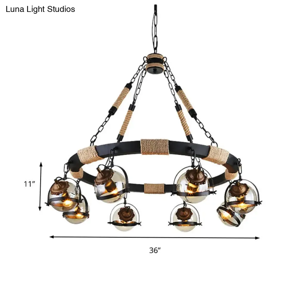 Globe Chandelier Lamp: Farmhouse Style 6/8-Light Rope Hanging Light with Amber Glass Shade - Ideal for Restaurants in Black