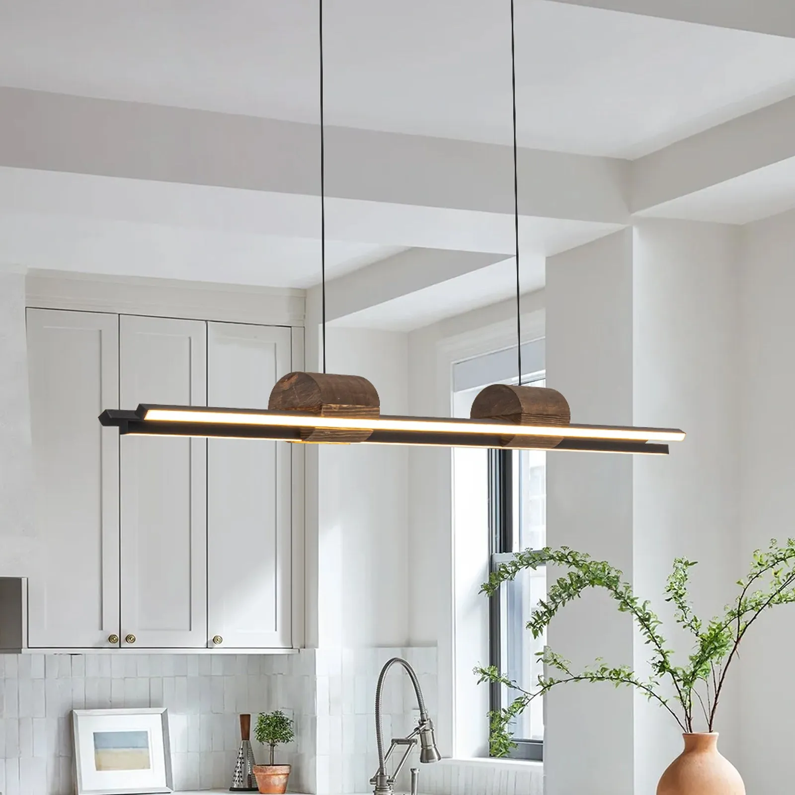 Glowlings Minimalist 3-Light 43“Wide LED Linear Wood Pendant Light Island Light