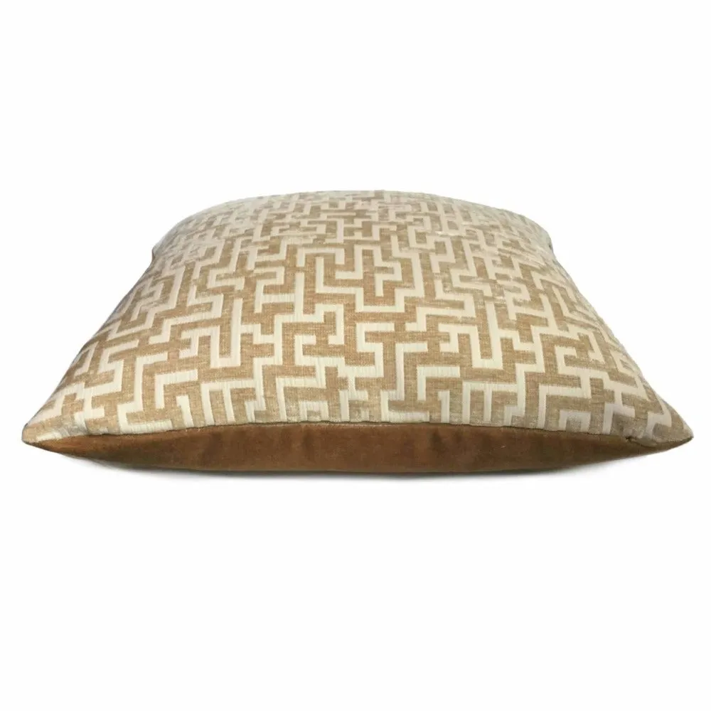 Golden Brown Cream Greek Key Geometric Chenille Pillow Cover