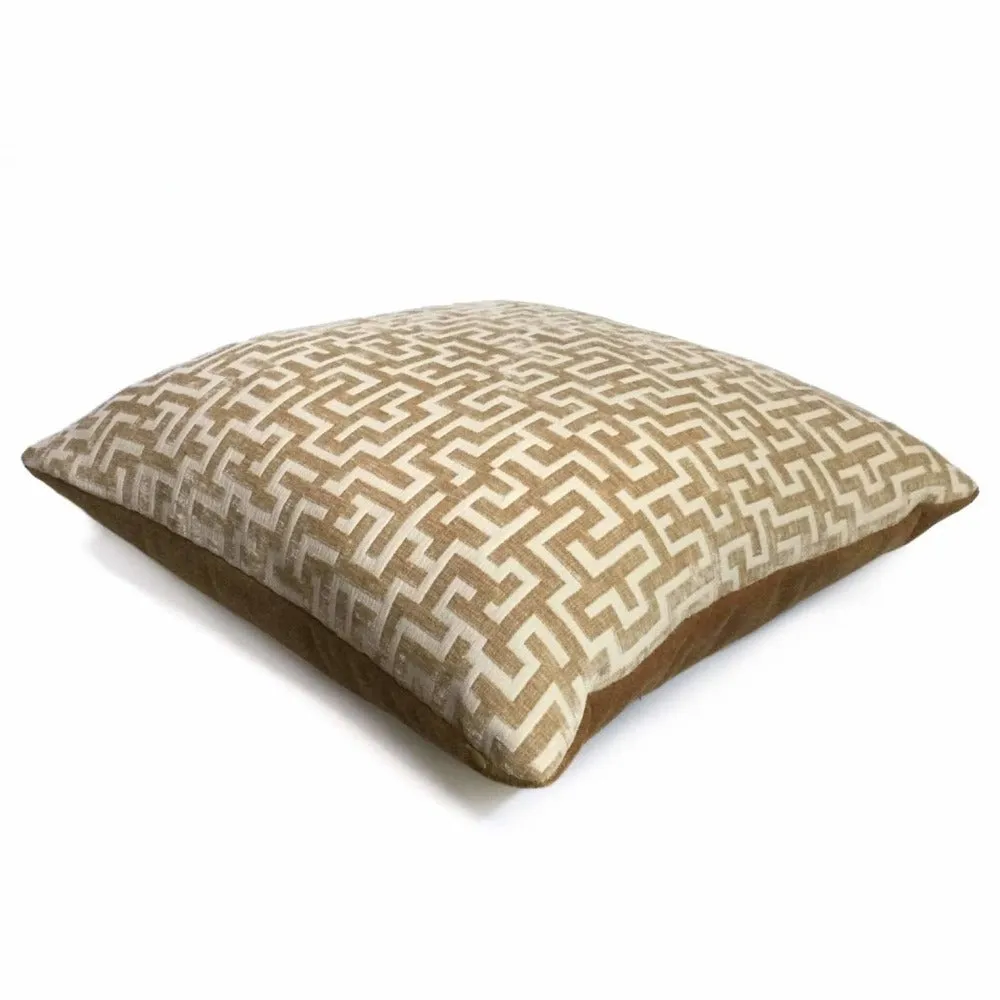 Golden Brown Cream Greek Key Geometric Chenille Pillow Cover