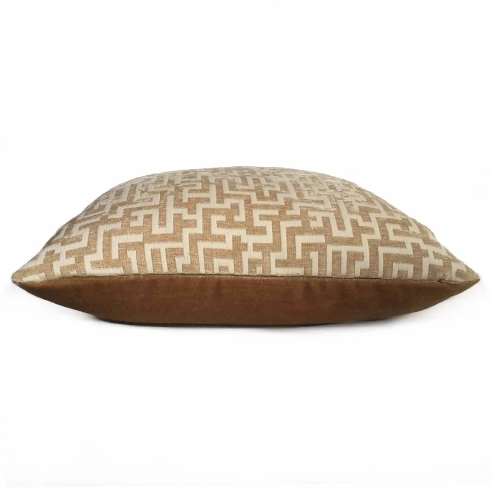 Golden Brown Cream Greek Key Geometric Chenille Pillow Cover