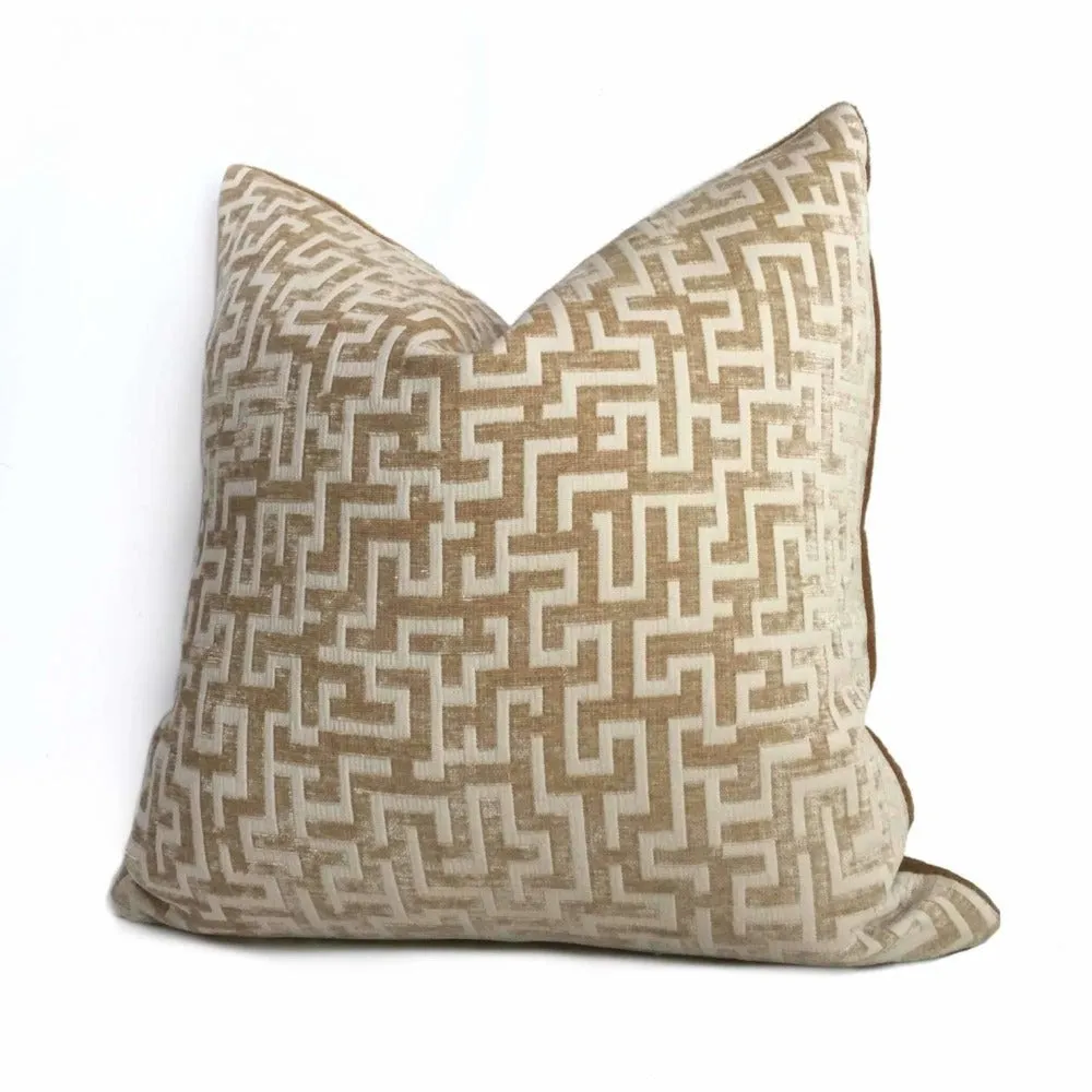 Golden Brown Cream Greek Key Geometric Chenille Pillow Cover