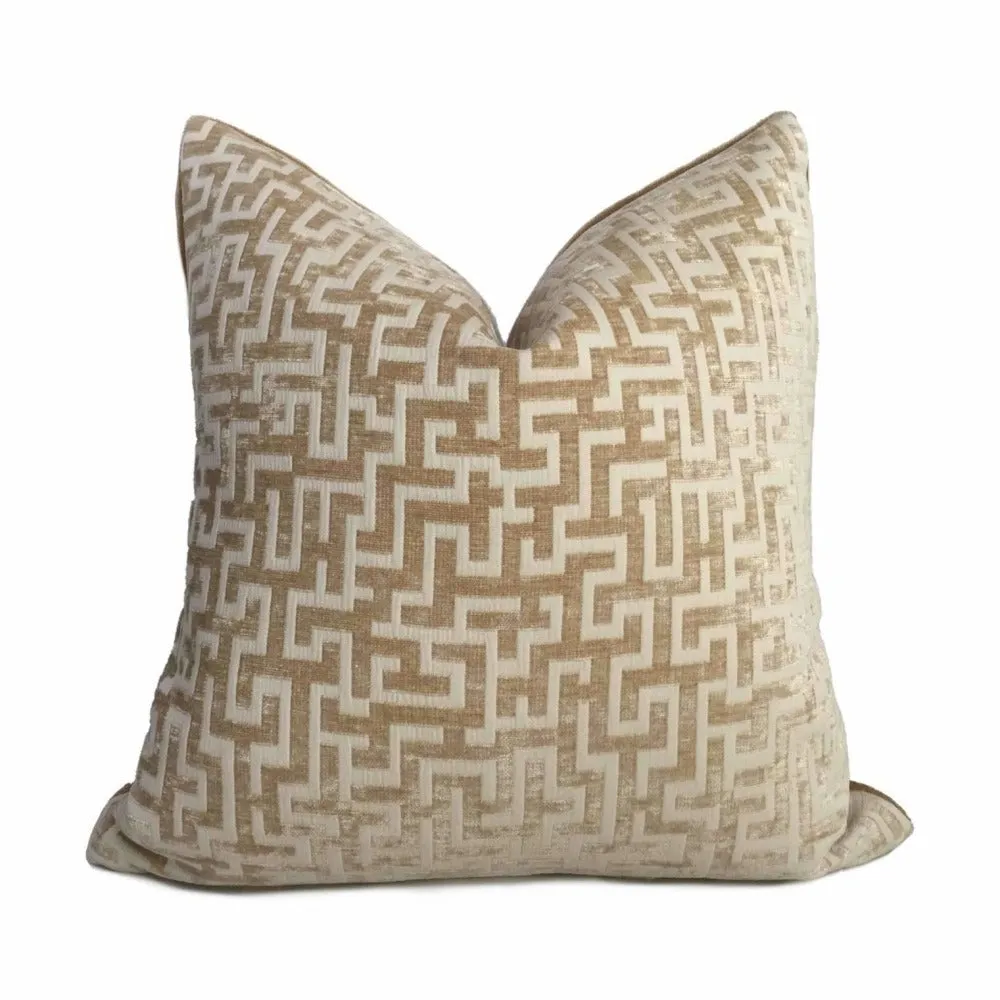 Golden Brown Cream Greek Key Geometric Chenille Pillow Cover