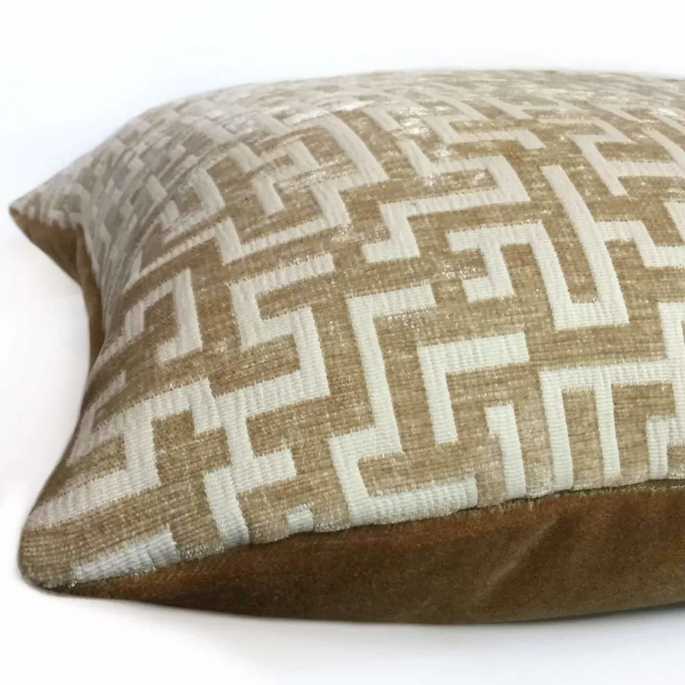 Golden Brown Cream Greek Key Geometric Chenille Pillow Cover