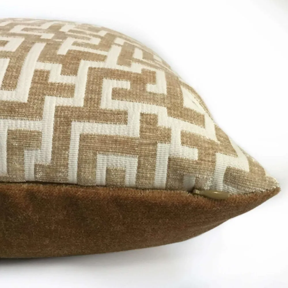 Golden Brown Cream Greek Key Geometric Chenille Pillow Cover