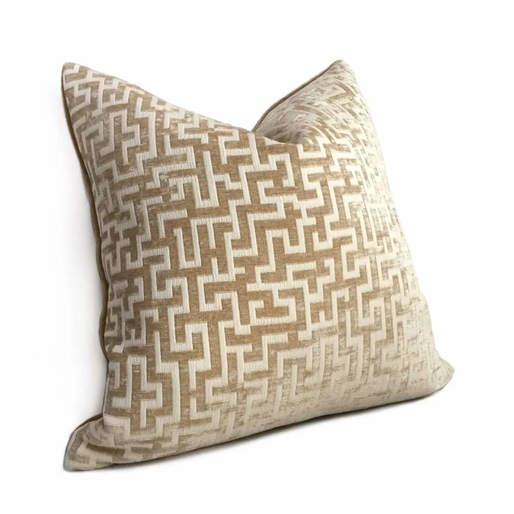 Golden Brown Cream Greek Key Geometric Chenille Pillow Cover