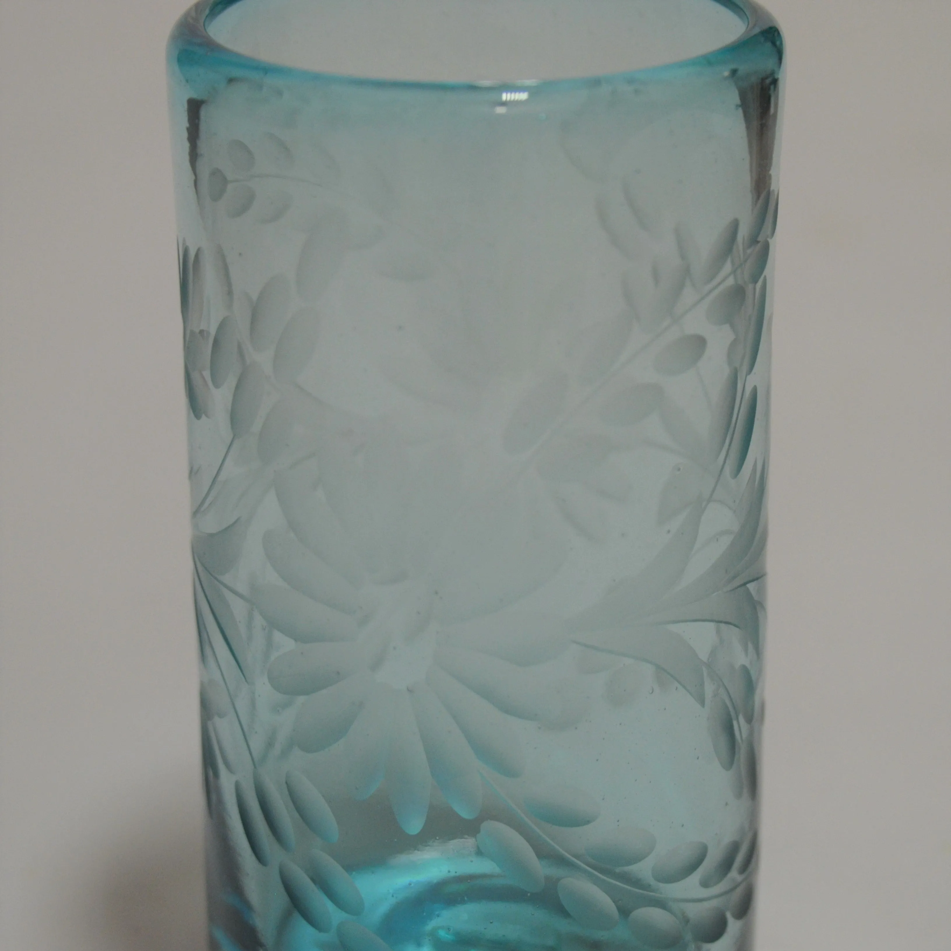 Hand Blown and Etched Turquoise Glass - Highball glass