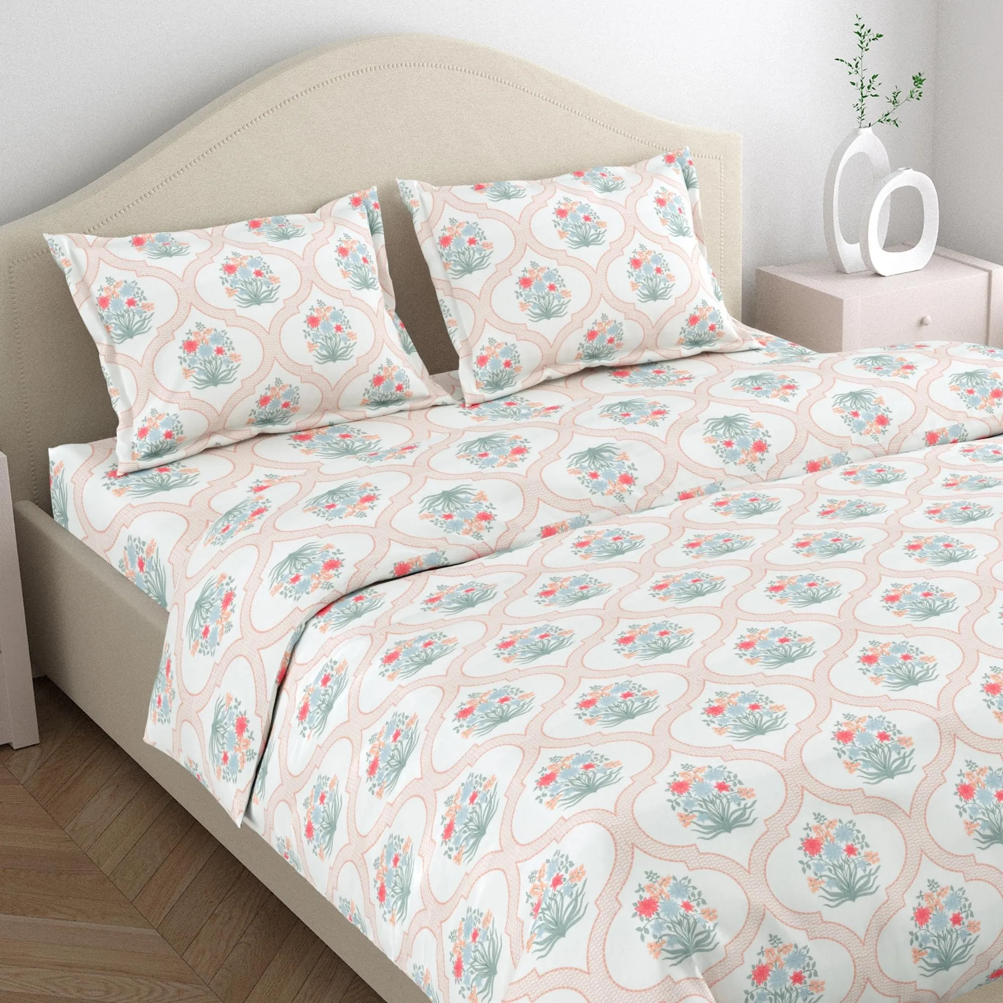 haus & kinder 100% Cotton Queen Size Bedsheet for Double Bed, 1 Cotton Bed Sheet for Double Bed (90 X 100 Inches) with 2 Pillow Covers | 186 TC | Pink White Floral 1