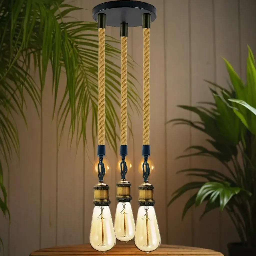 Hemp Rope 3 Head Pendant Ceiling Light Retro Light Fixture