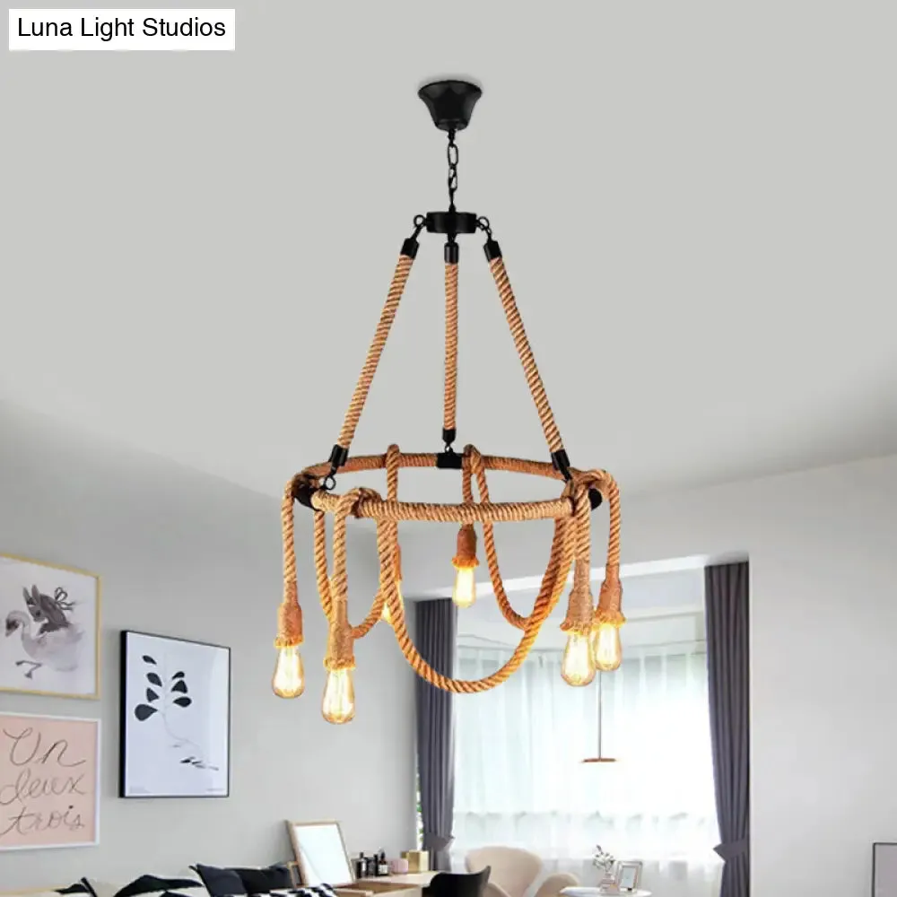 Hemp Rope Brown Pendant Chandelier - 6-Light Countryside Ceiling Light for Restaurant