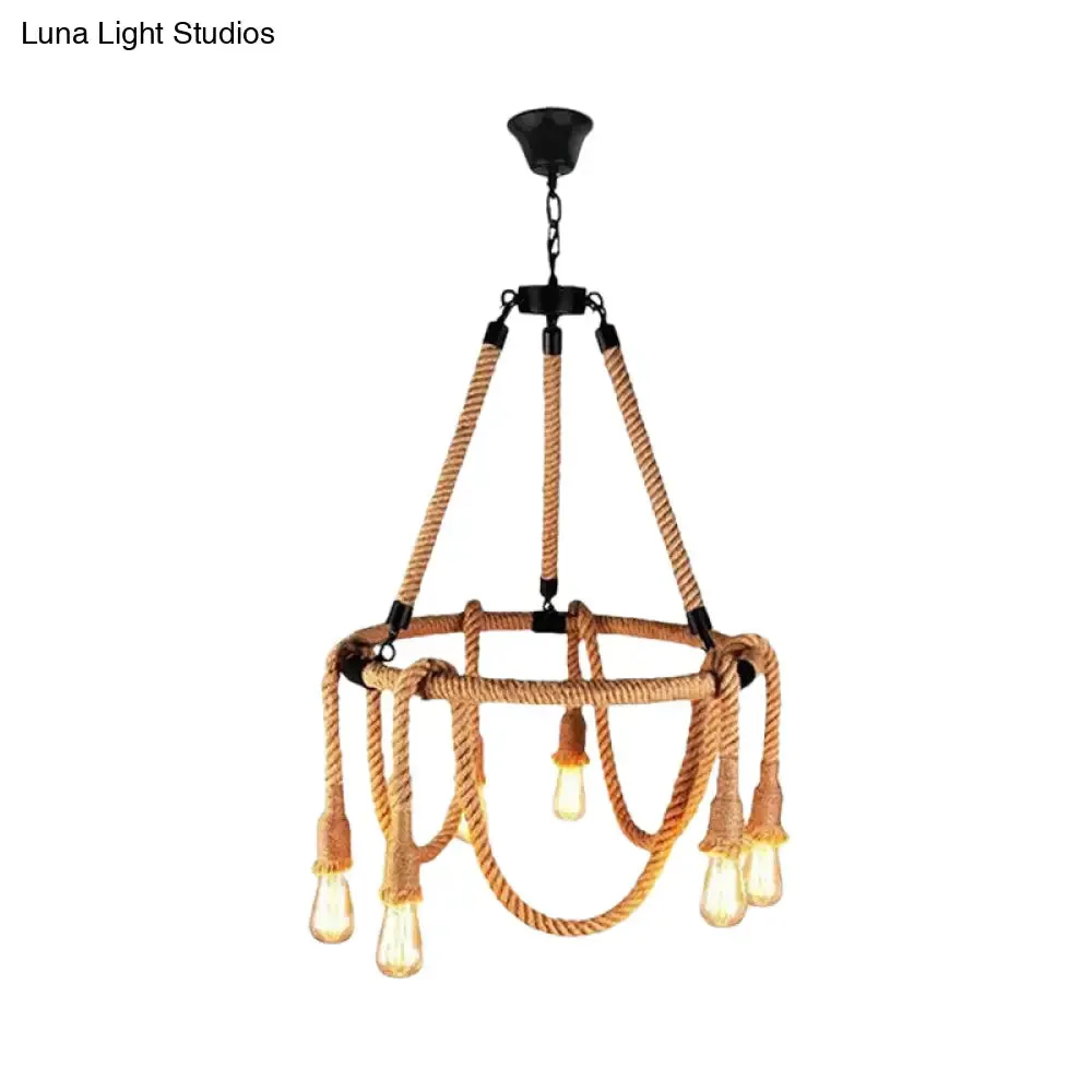 Hemp Rope Brown Pendant Chandelier - 6-Light Countryside Ceiling Light for Restaurant