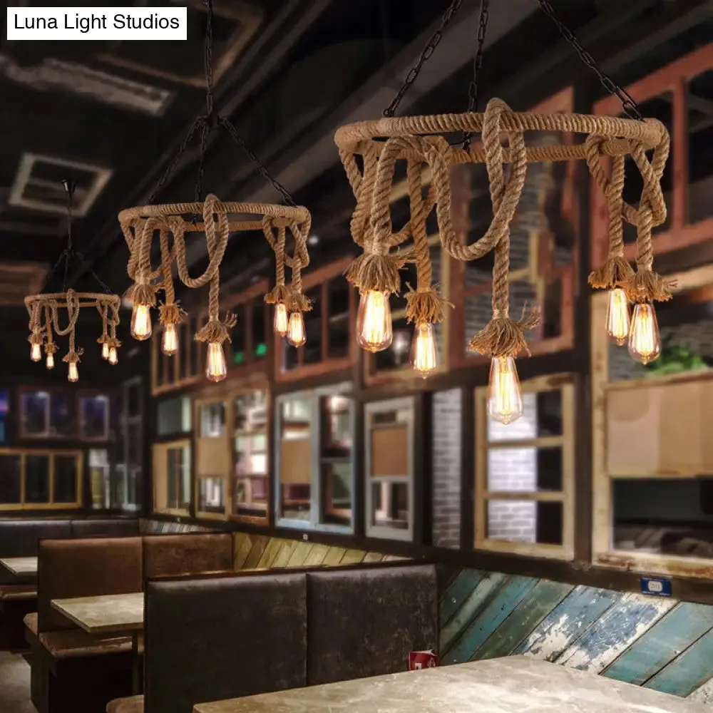 Hemp Rope Brown Pendant Chandelier - 6-Light Countryside Ceiling Light for Restaurant