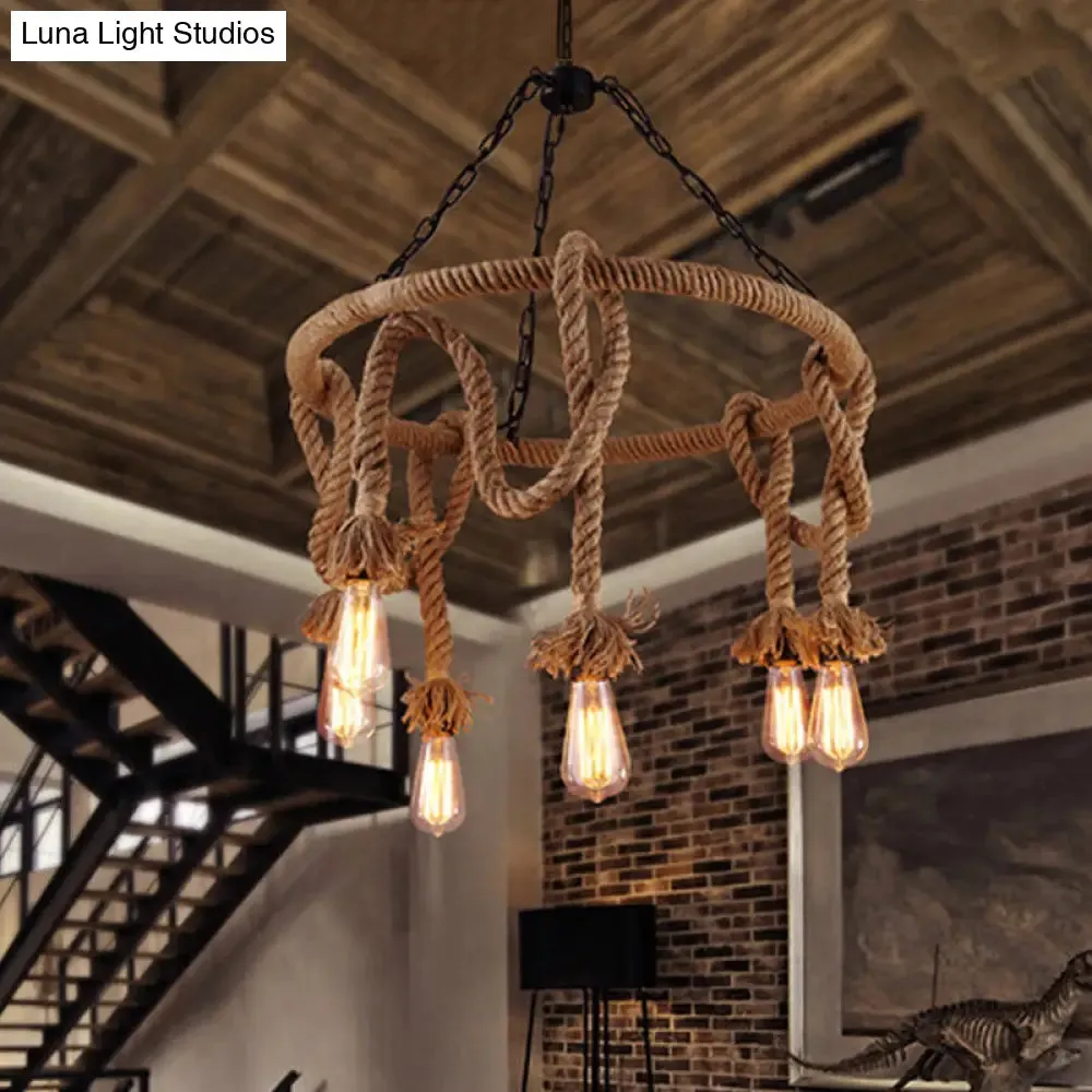 Hemp Rope Brown Pendant Chandelier - 6-Light Countryside Ceiling Light for Restaurant