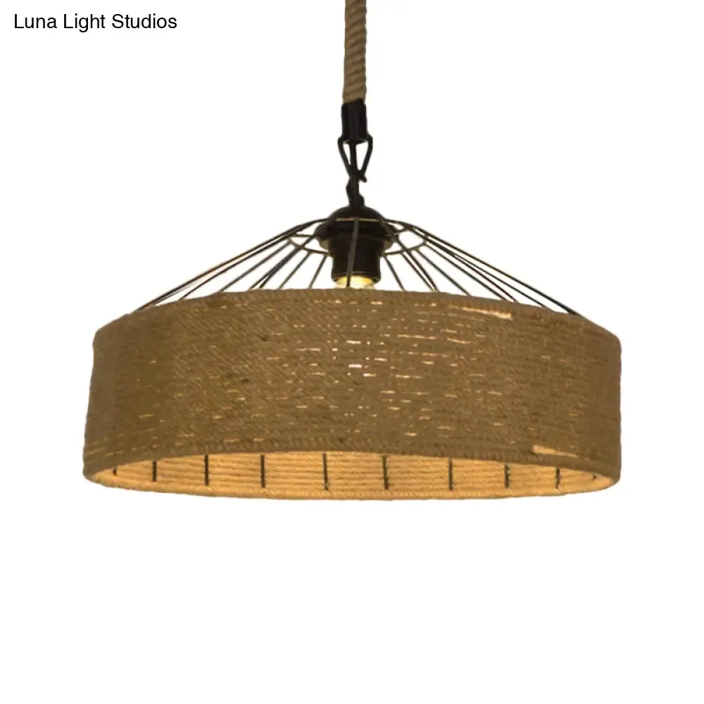 Hemp Rope Drum Pendant Light Country Style 12"/16" Wide 1-Head Restaurant Hanging Lamp, Beige