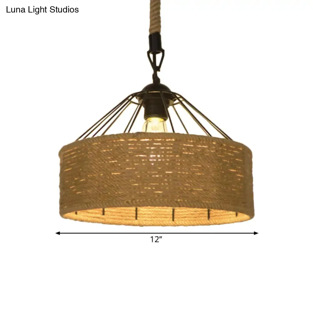 Hemp Rope Drum Pendant Light Country Style 12"/16" Wide 1-Head Restaurant Hanging Lamp, Beige