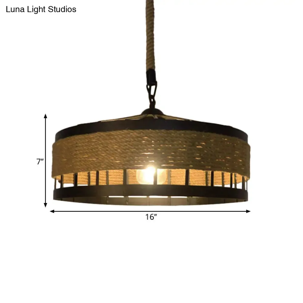 Hemp Rope Drum Pendant Light Country Style 12"/16" Wide 1-Head Restaurant Hanging Lamp, Beige