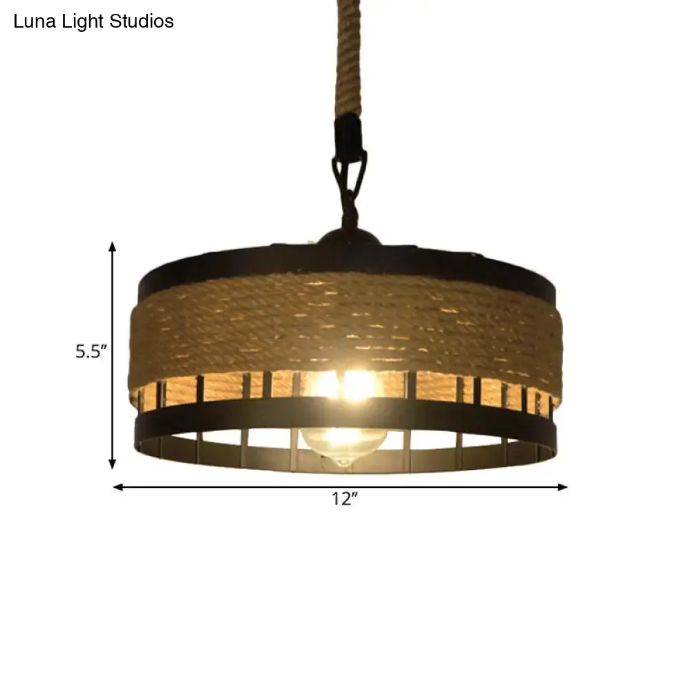 Hemp Rope Drum Pendant Light Country Style 12"/16" Wide 1-Head Restaurant Hanging Lamp, Beige