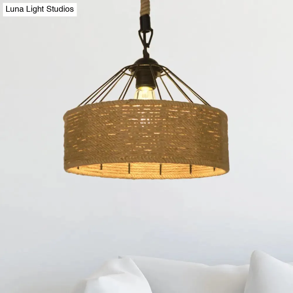 Hemp Rope Drum Pendant Light Country Style 12"/16" Wide 1-Head Restaurant Hanging Lamp, Beige