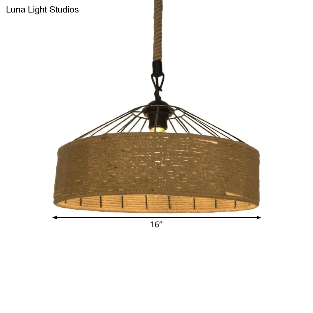 Hemp Rope Drum Pendant Light Country Style 12"/16" Wide 1-Head Restaurant Hanging Lamp, Beige