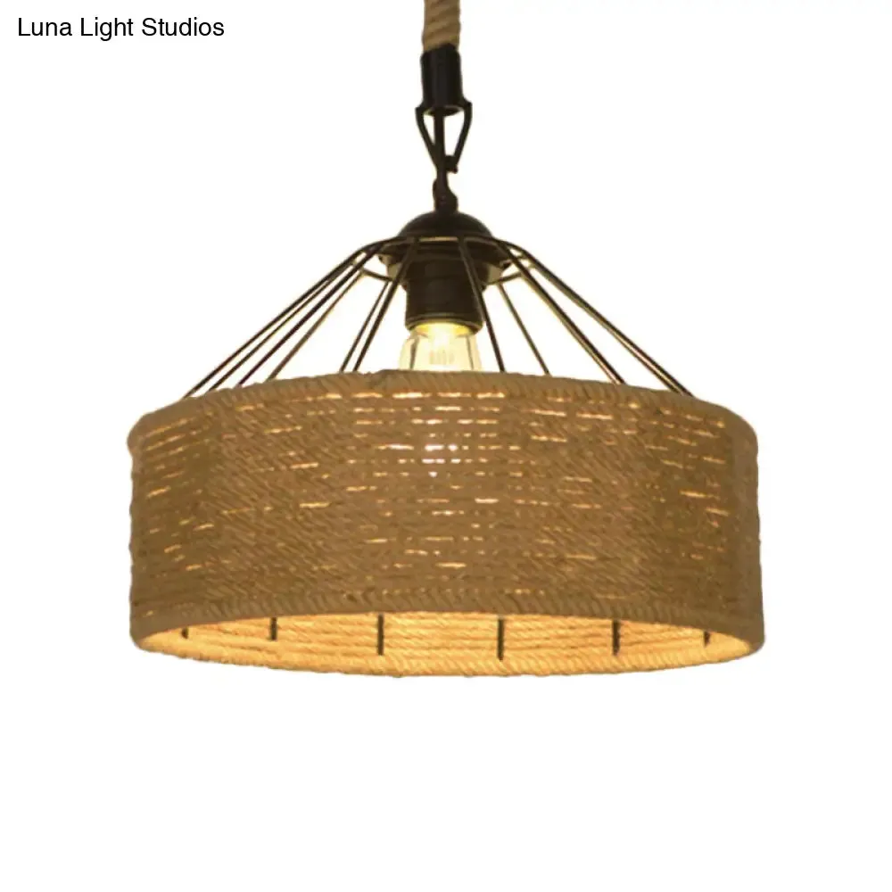 Hemp Rope Drum Pendant Light Country Style 12"/16" Wide 1-Head Restaurant Hanging Lamp, Beige