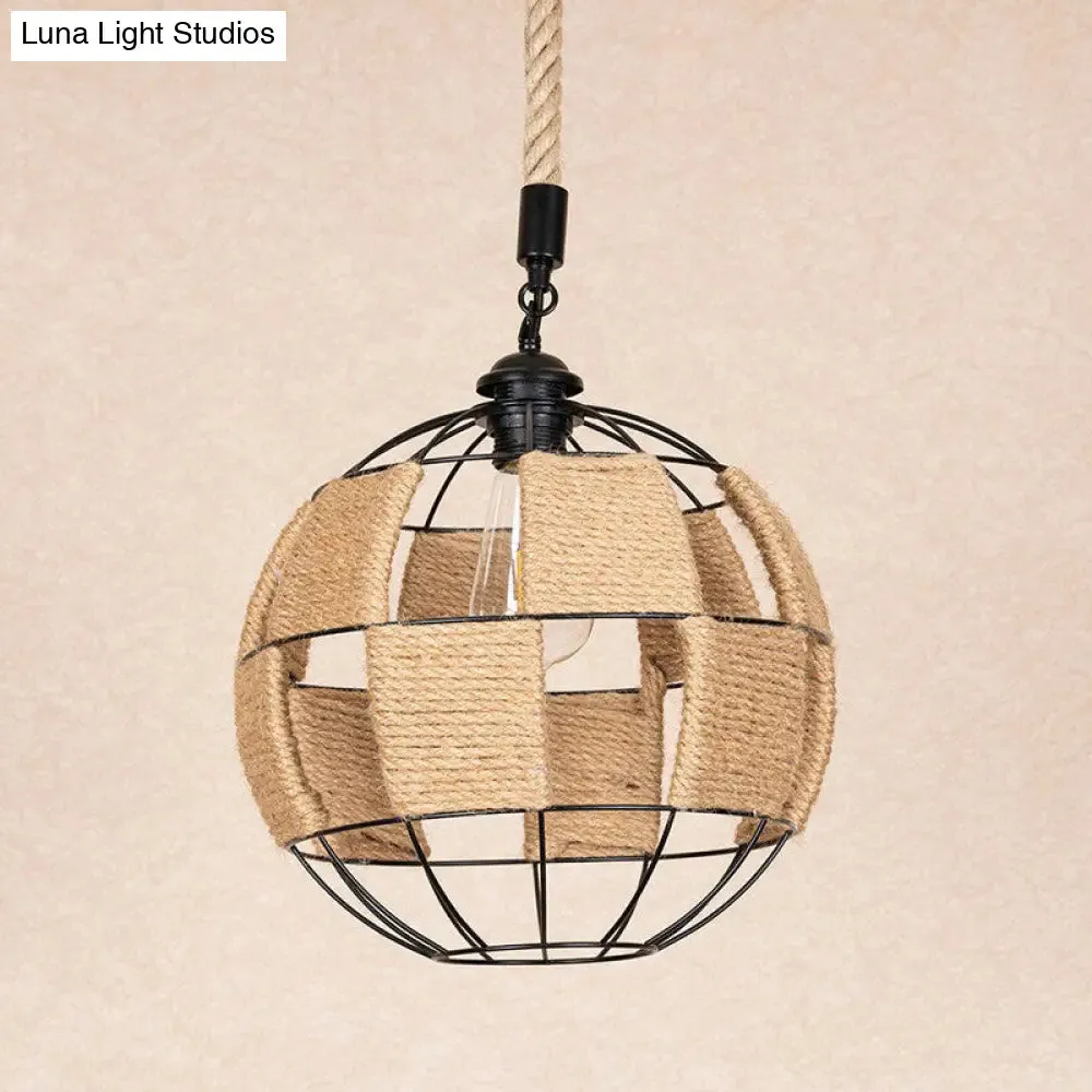 Hemp Rope Pendant Lamp - Cottage Brown Globe Ceiling Light, Aisle Hanging Fixture