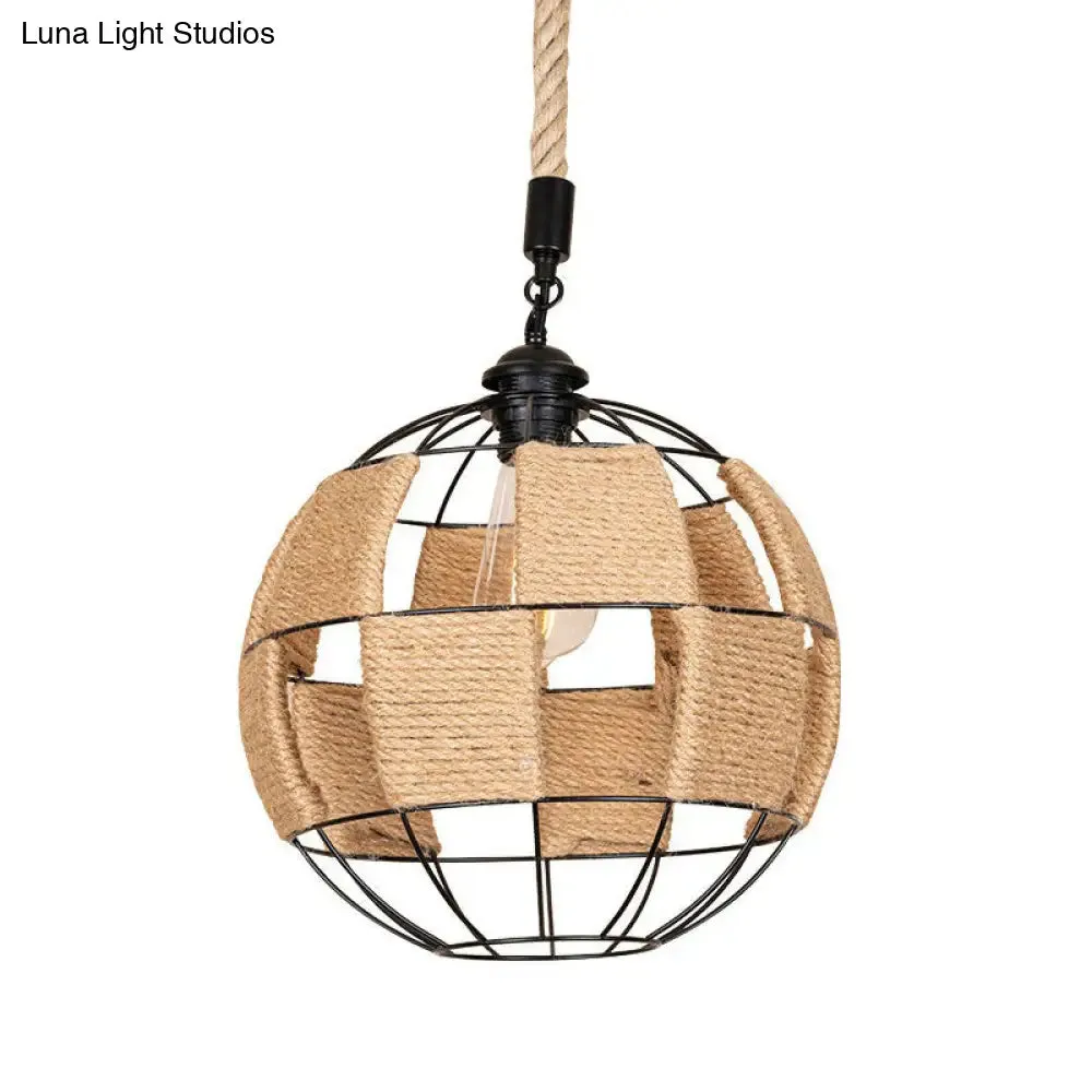 Hemp Rope Pendant Lamp - Cottage Brown Globe Ceiling Light, Aisle Hanging Fixture