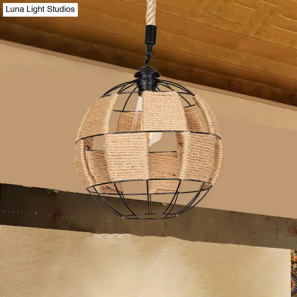 Hemp Rope Pendant Lamp - Cottage Brown Globe Ceiling Light, Aisle Hanging Fixture