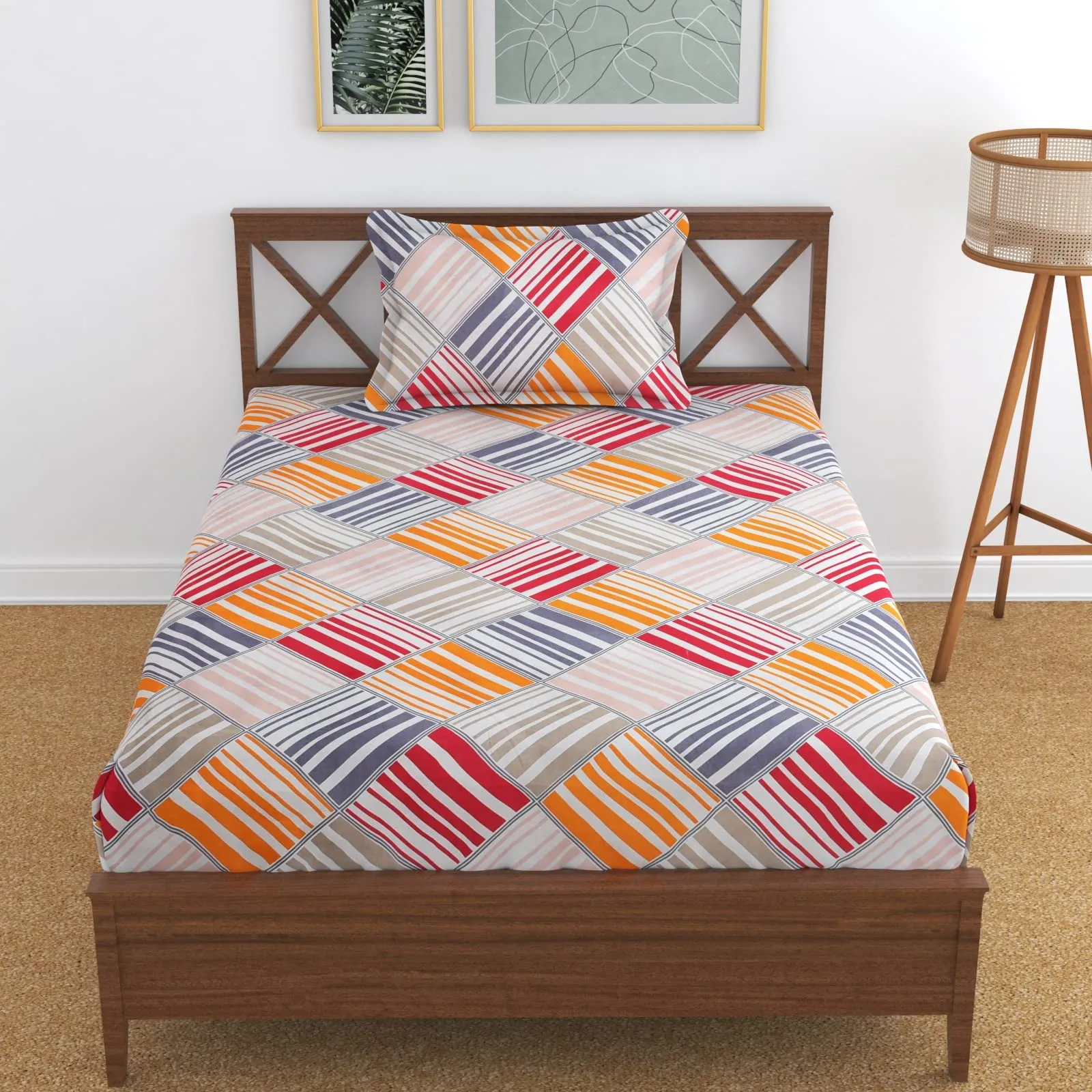 Homefab India 140 TC Microfiber Single Bedsheet with 1 Pillow Cover -Stripes, White-Orange (Sn340)