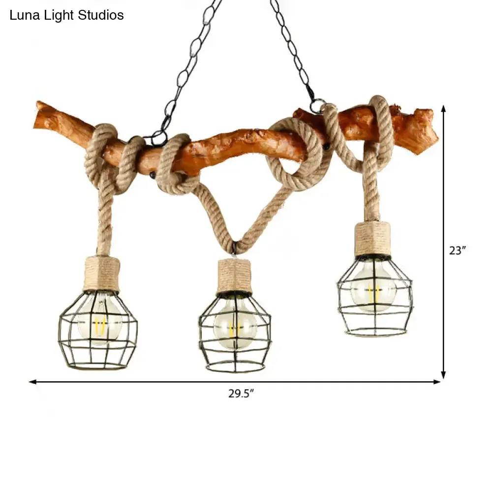 Industrial Beige Metal and Rope Pendant Light Fixture - 3-Light Caged Bubble Island Lamp