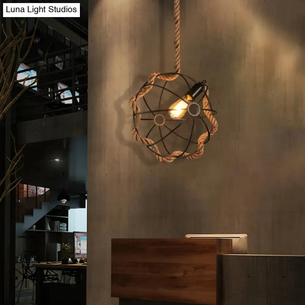 Industrial Beige Pendant Light: Metal & Rope Hanging Lamp for Dining Room