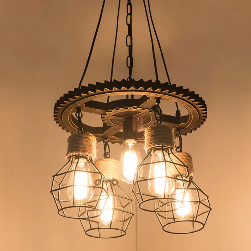 Industrial Black Metal and Rope Pendant Chandelier - Stylish Dining Room Hanging Ceiling Fixture with Shelf