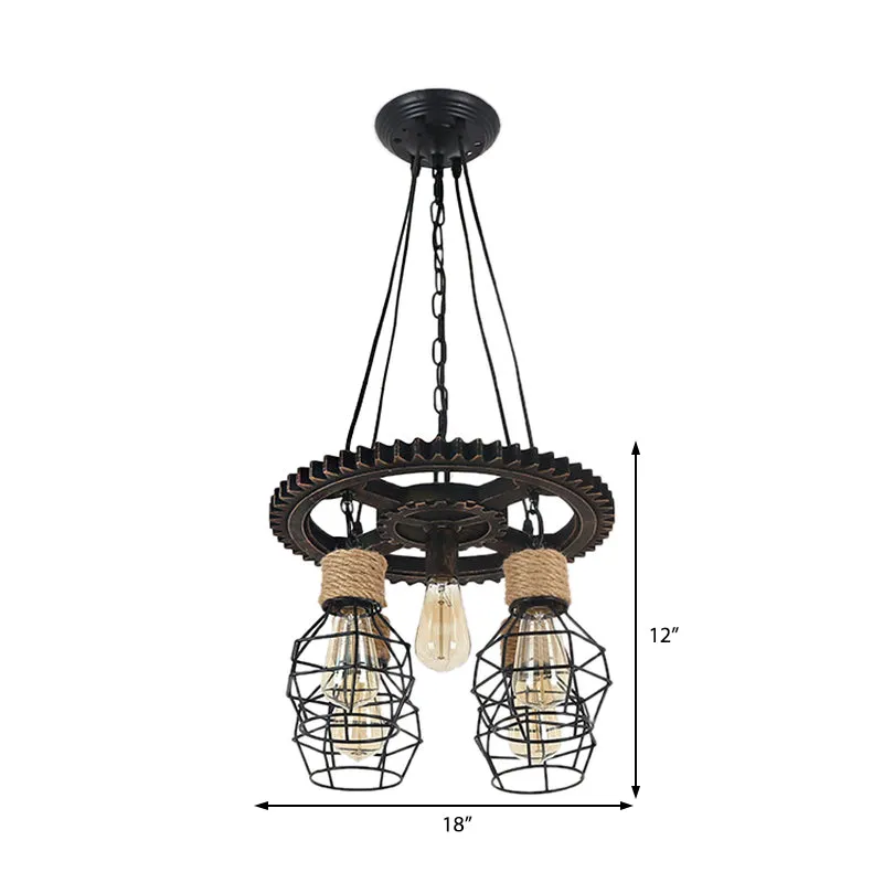 Industrial Black Metal and Rope Pendant Chandelier - Stylish Dining Room Hanging Ceiling Fixture with Shelf