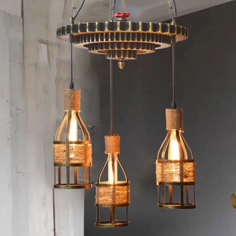 Industrial Bronze 3-Light Hanging Chandelier - Rope and Metal Pendant Fixture for Dining Room with Gear Accent