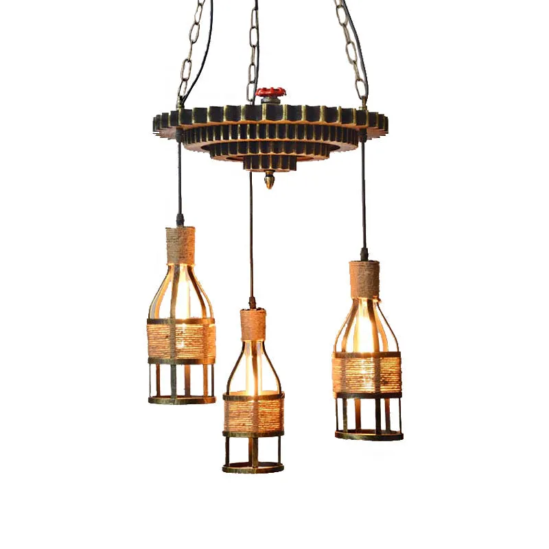 Industrial Bronze 3-Light Hanging Chandelier - Rope and Metal Pendant Fixture for Dining Room with Gear Accent