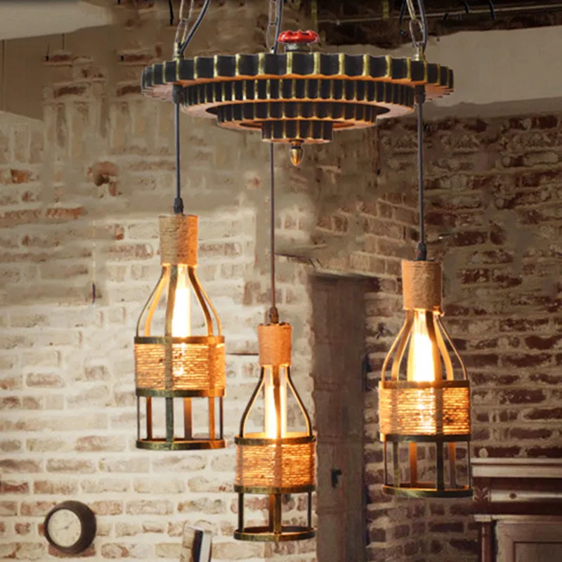 Industrial Bronze 3-Light Hanging Chandelier - Rope and Metal Pendant Fixture for Dining Room with Gear Accent