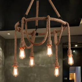 Industrial Exposed Bulb Chandelier: Beige Rope Hanging Fixture for Dining Room - 6/8 Light