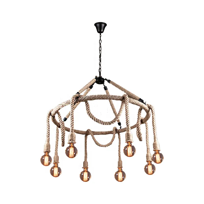 Industrial Exposed Bulb Chandelier: Beige Rope Hanging Fixture for Dining Room - 6/8 Light