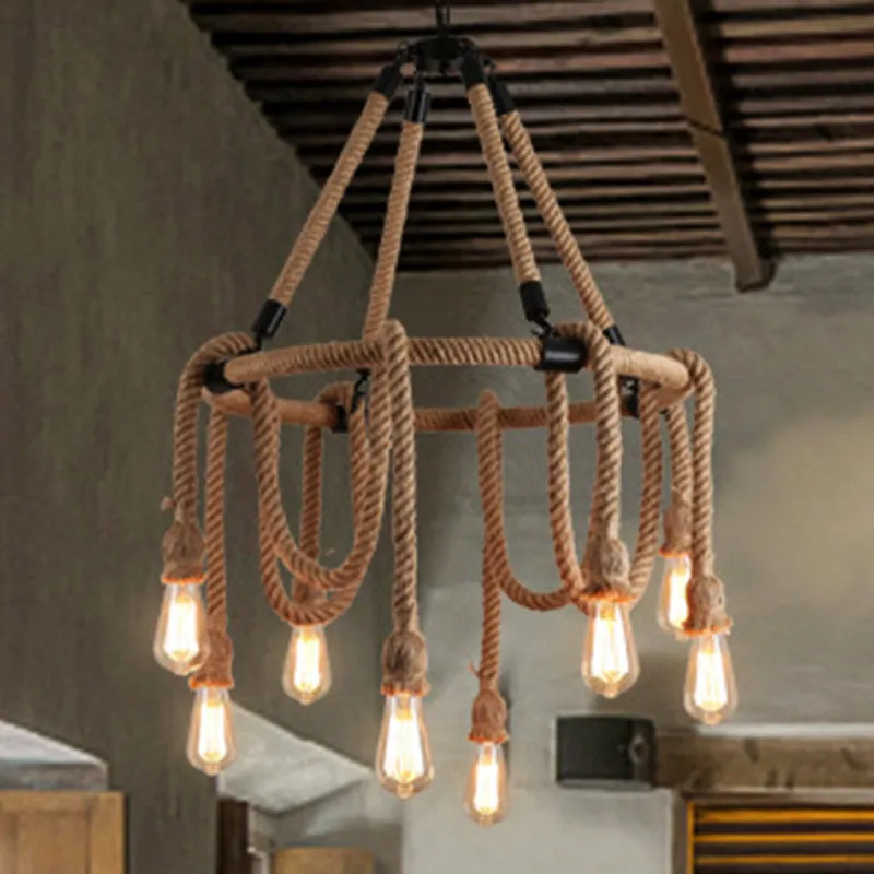 Industrial Exposed Bulb Chandelier: Beige Rope Hanging Fixture for Dining Room - 6/8 Light