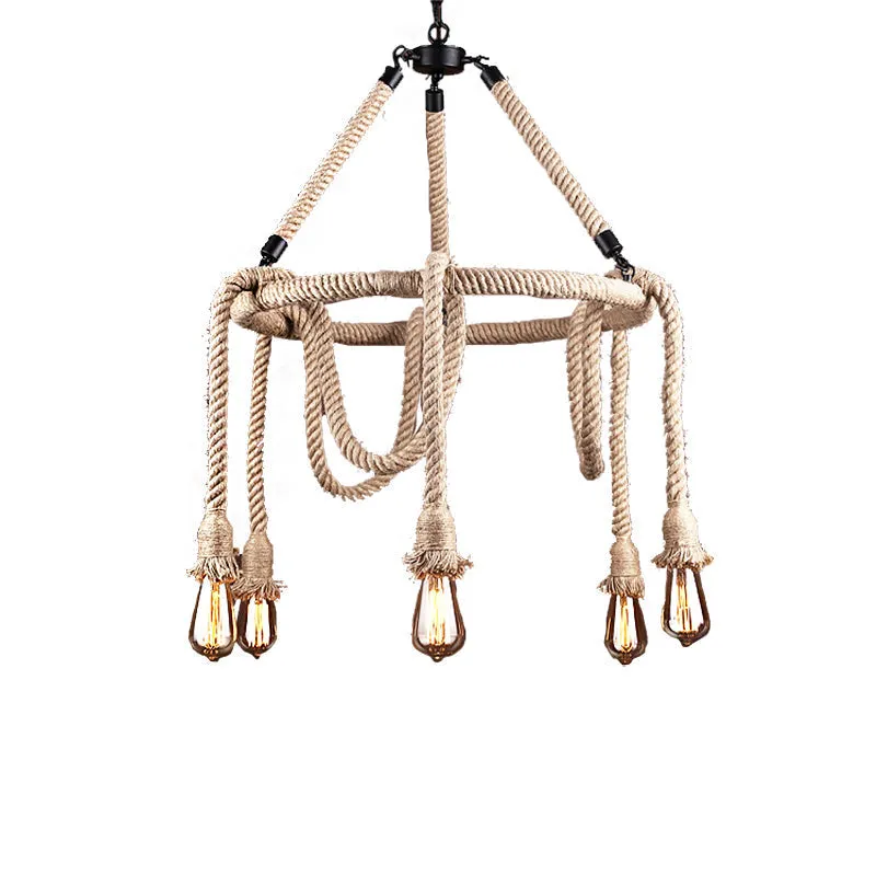 Industrial Exposed Bulb Chandelier: Beige Rope Hanging Fixture for Dining Room - 6/8 Light