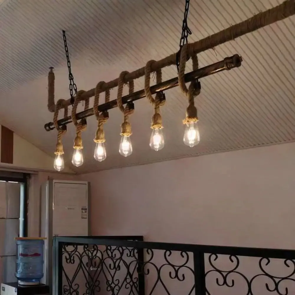 Industrial Hemp Rope Bronze Linear Bar Suspension Light Fixture