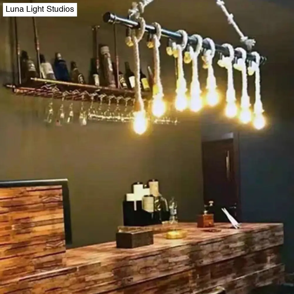 Industrial Hemp Rope Bronze Linear Bar Suspension Light Fixture