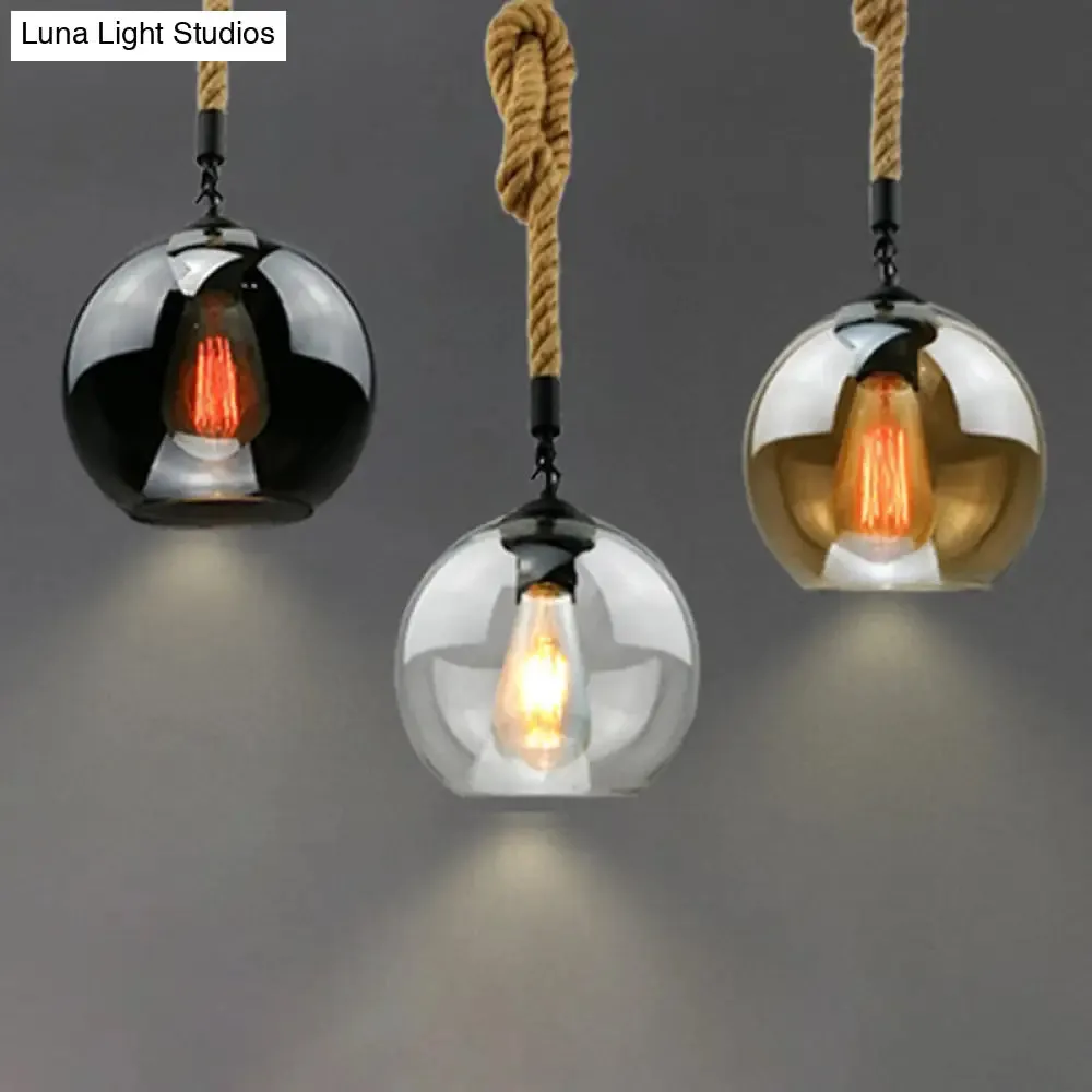 Industrial Hemp Rope Pendant Light with Rustic Globe Glass Shade for Kitchen, Restaurant and Foyer