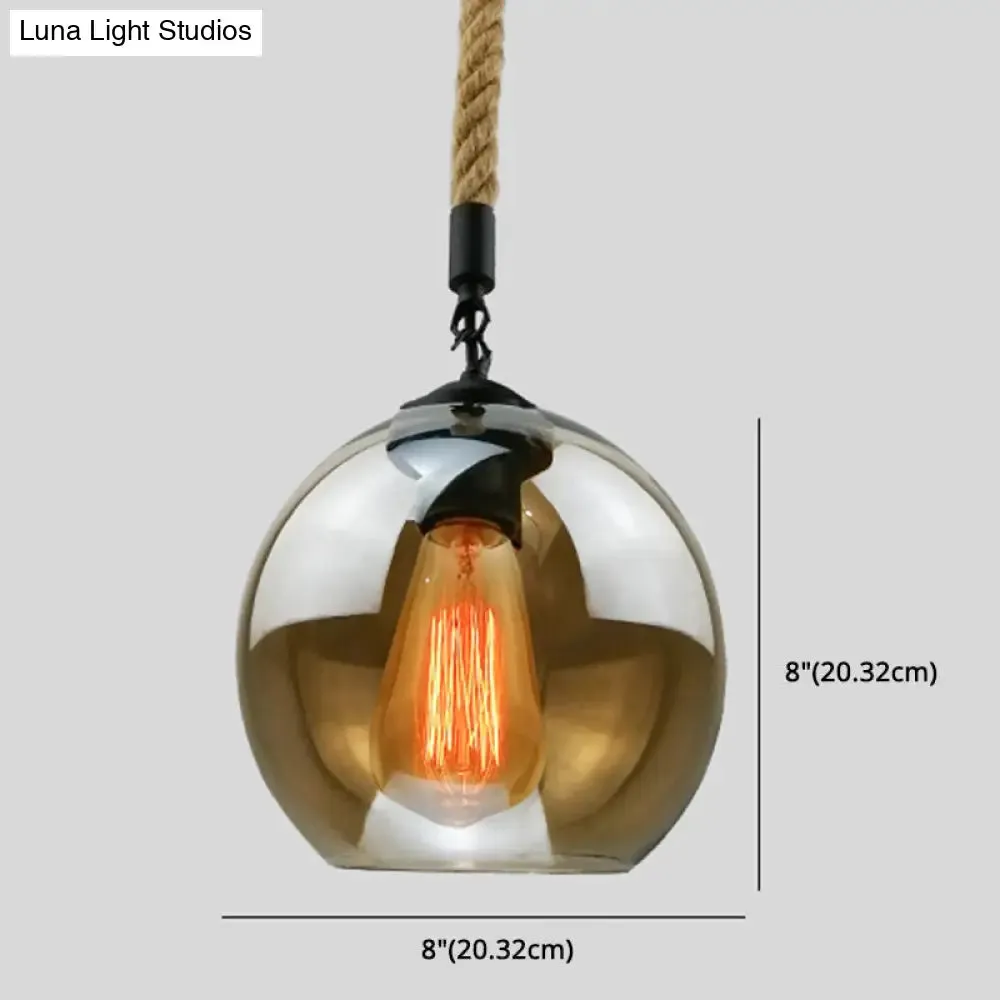 Industrial Hemp Rope Pendant Light with Rustic Globe Glass Shade for Kitchen, Restaurant and Foyer