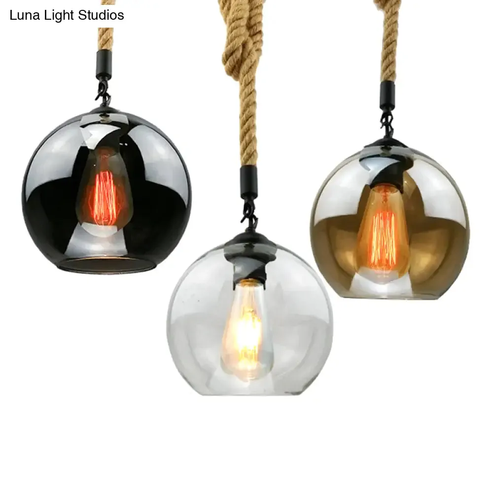 Industrial Hemp Rope Pendant Light with Rustic Globe Glass Shade for Kitchen, Restaurant and Foyer