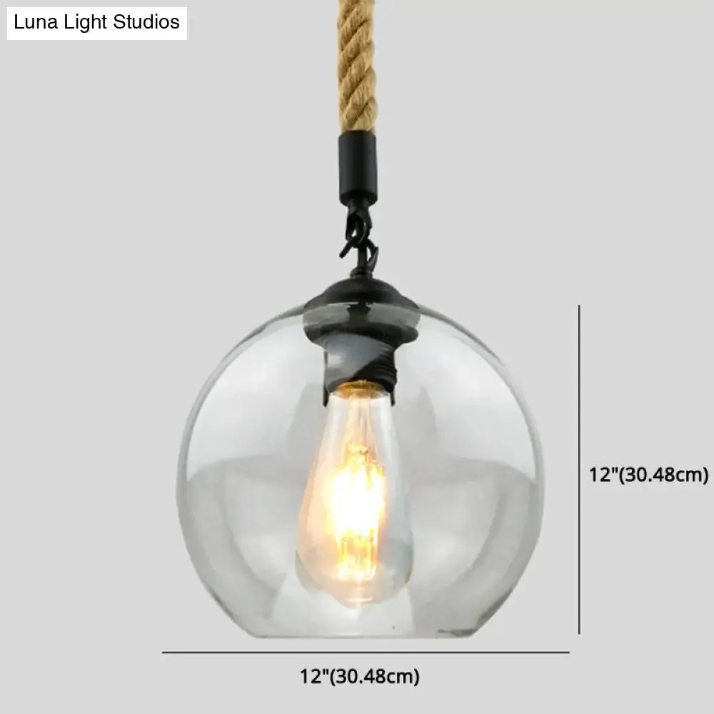 Industrial Hemp Rope Pendant Light with Rustic Globe Glass Shade for Kitchen, Restaurant and Foyer