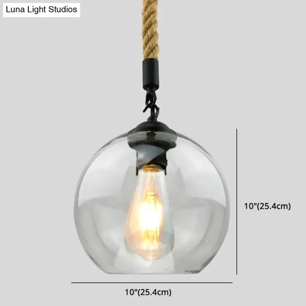 Industrial Hemp Rope Pendant Light with Rustic Globe Glass Shade for Kitchen, Restaurant and Foyer