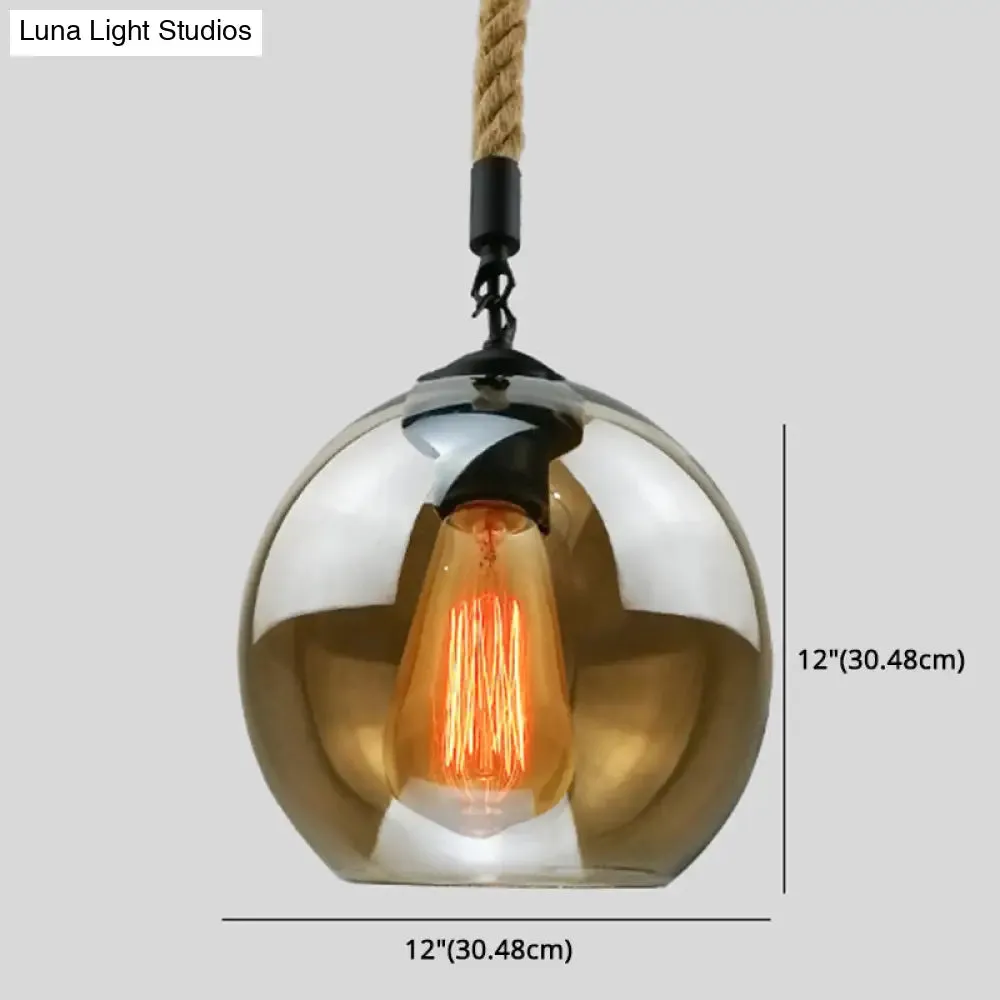 Industrial Hemp Rope Pendant Light with Rustic Globe Glass Shade for Kitchen, Restaurant and Foyer